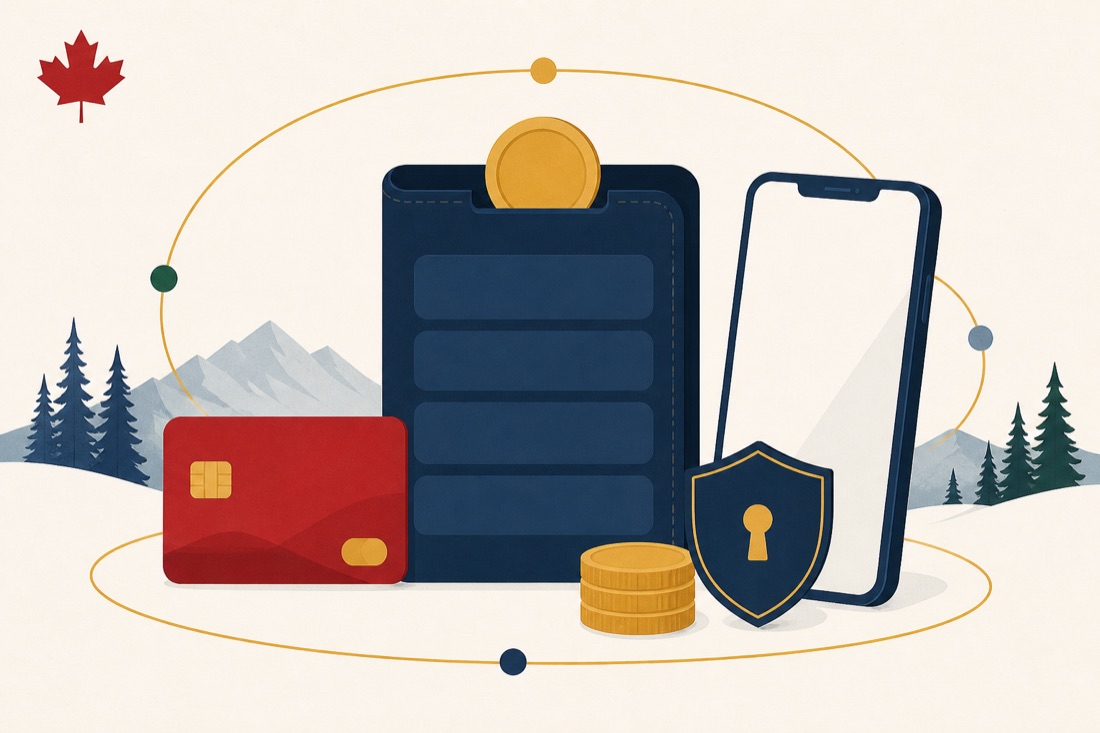 Illustration of a multi-currency e-wallet account holding card, phone and coin balances