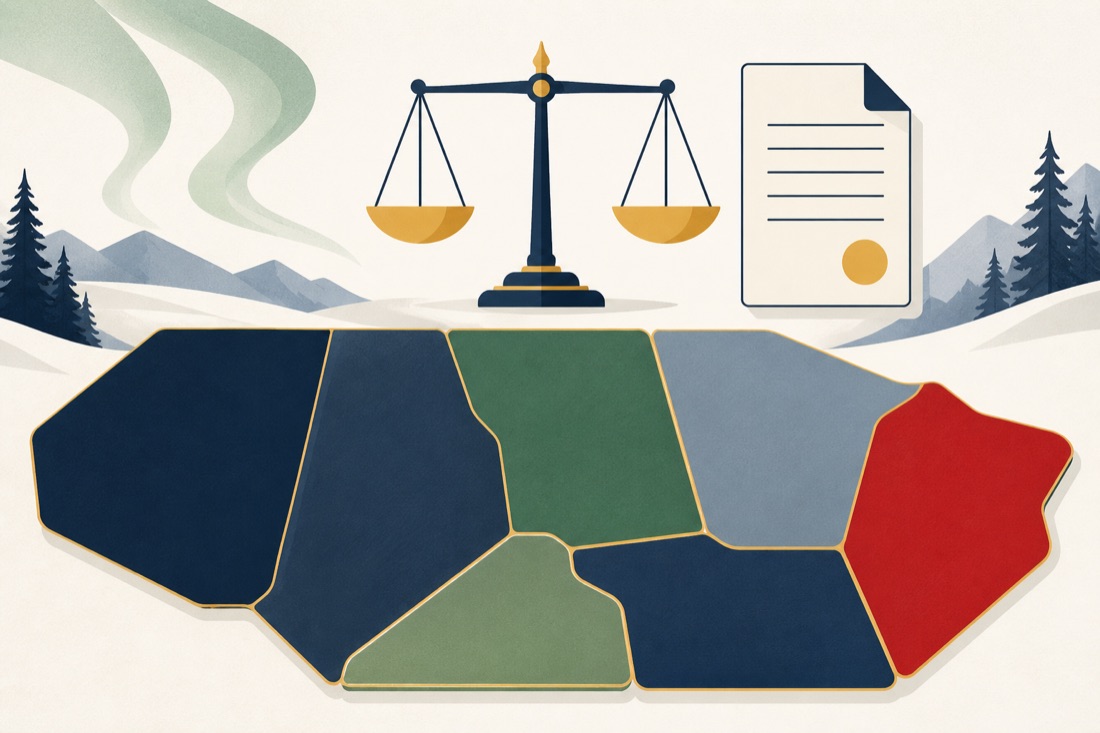 Abstract illustration of Canadian provincial jurisdictions with a balance scale